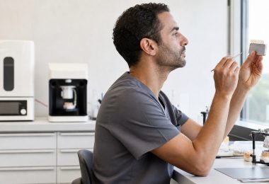 Zahnarzt bestimmt im Labor die Zahnfarbe für eine Bonding-Behandlung