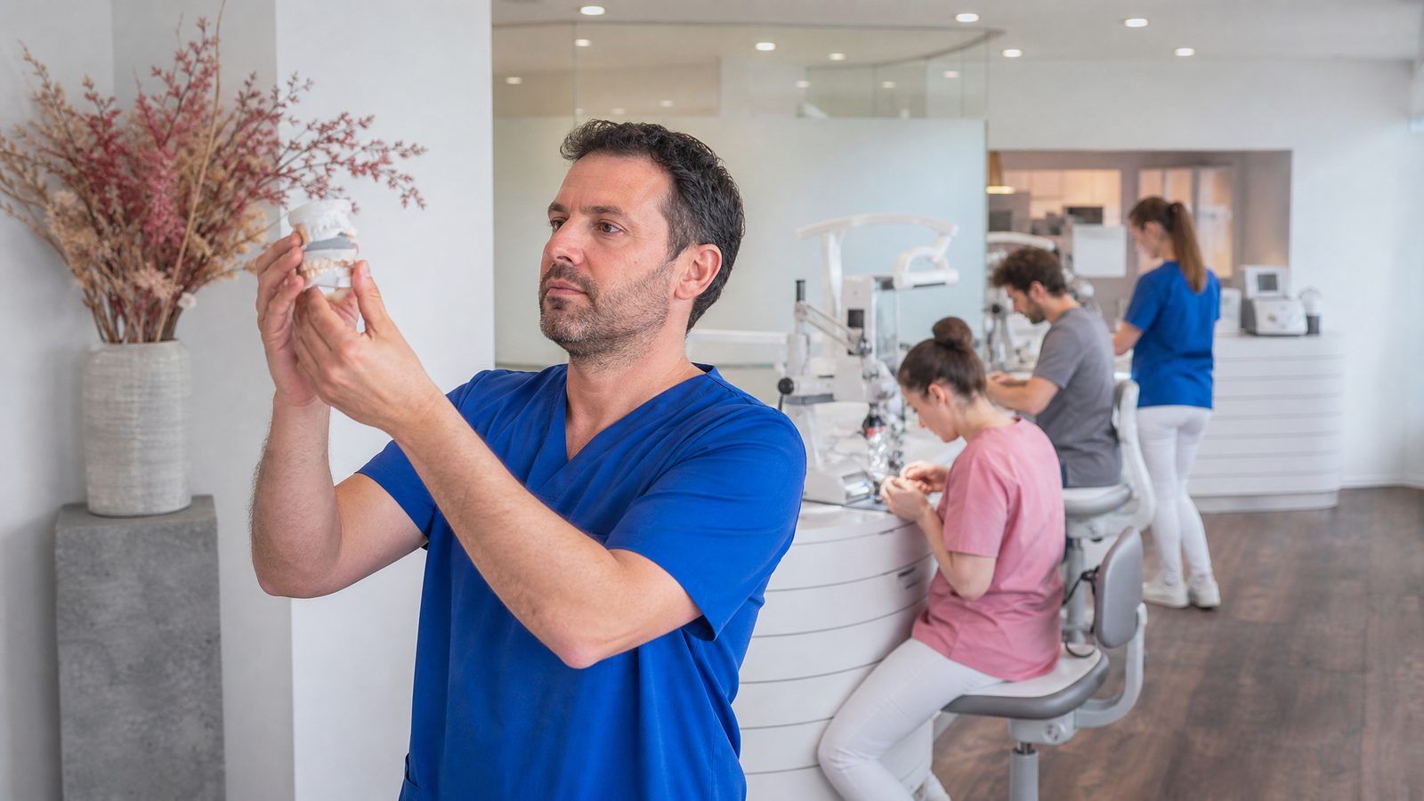 Zahnarzt prüft ein Wax-up Modell für die Planung von Veneers ohne Schleifen