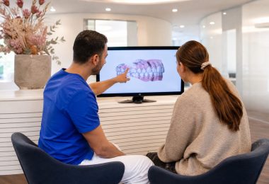 Zahnarzt und Patientin besprechen die digitale Planung für Veneers ohne Schleifen