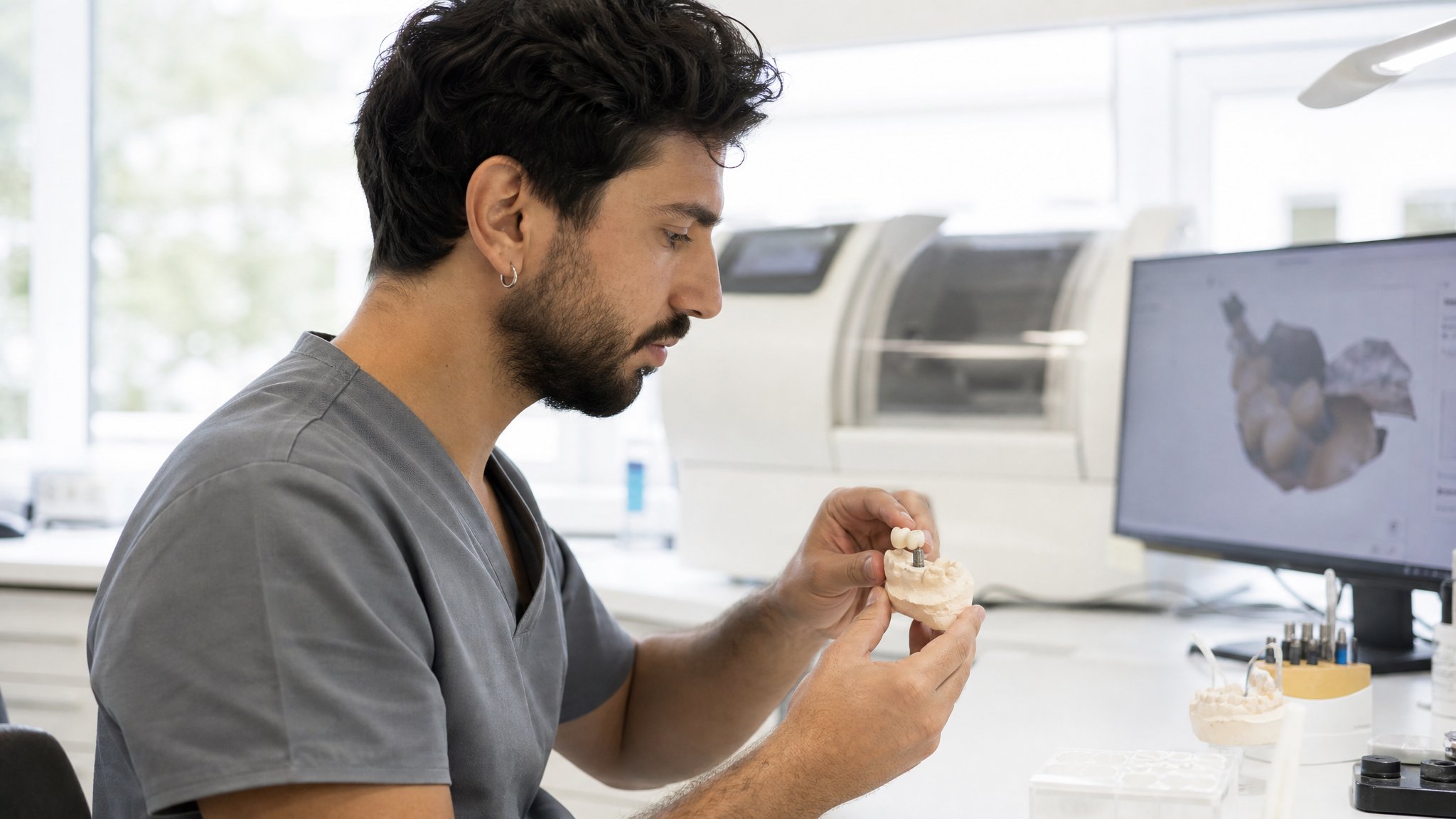 Zahntechniker prüft eine Implantatkrone auf dem Modell im praxiseigenen Labor